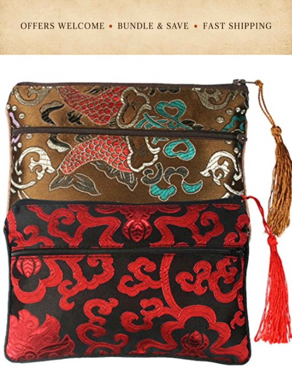 kilofly Silk Brocade Zipper Jewelry Pouch Set of 2 Tassel Gift Bags